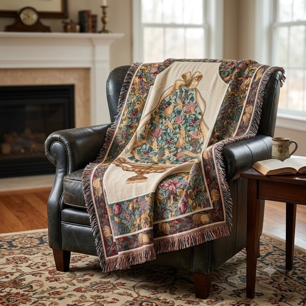Vintage Style Woven Tapestry Throw Blanket Floral Topiary Urn Fringe 52x72